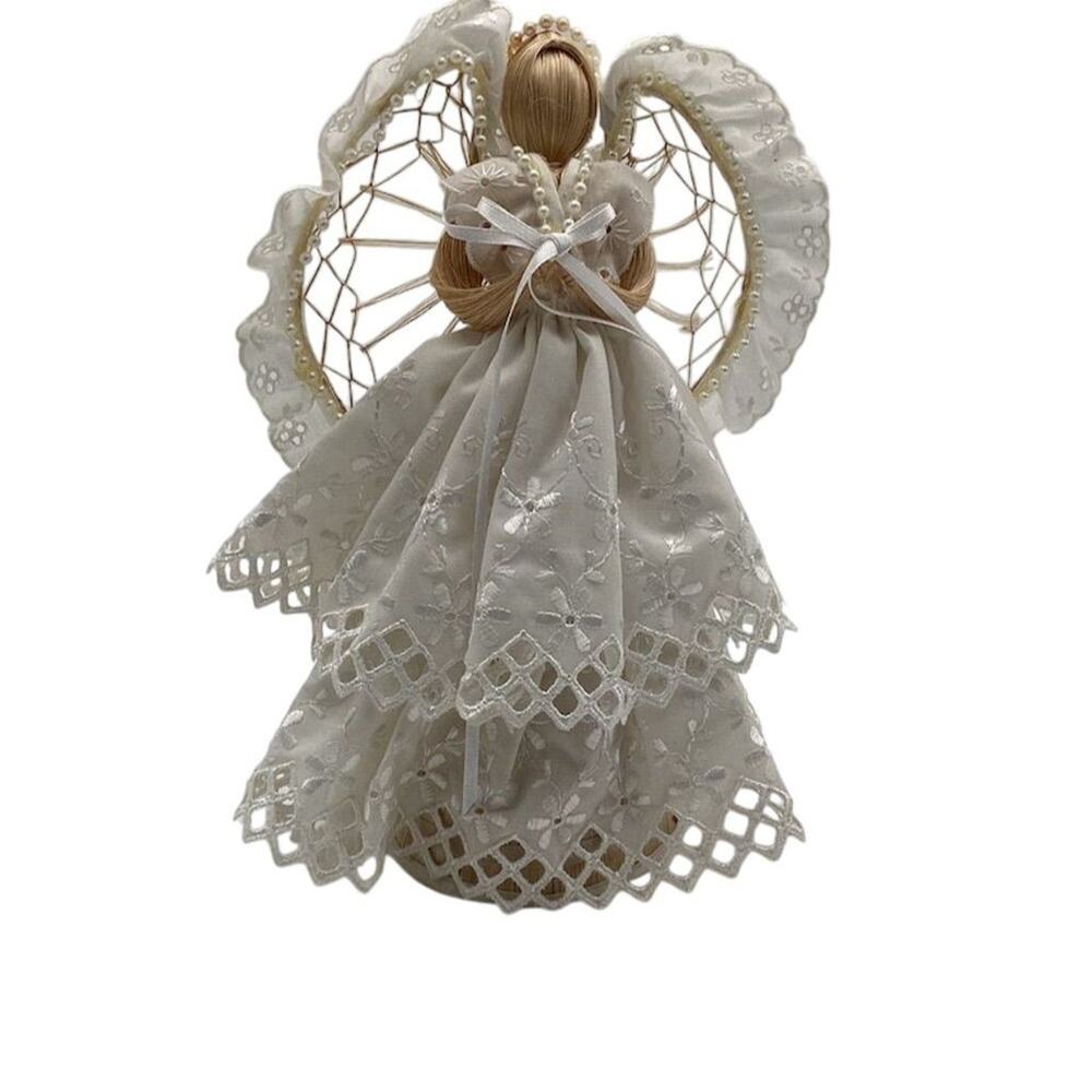 Vintage Corn Husk Angel Tree‎ Topper with Lace & Pearls 10” Christmas Decor